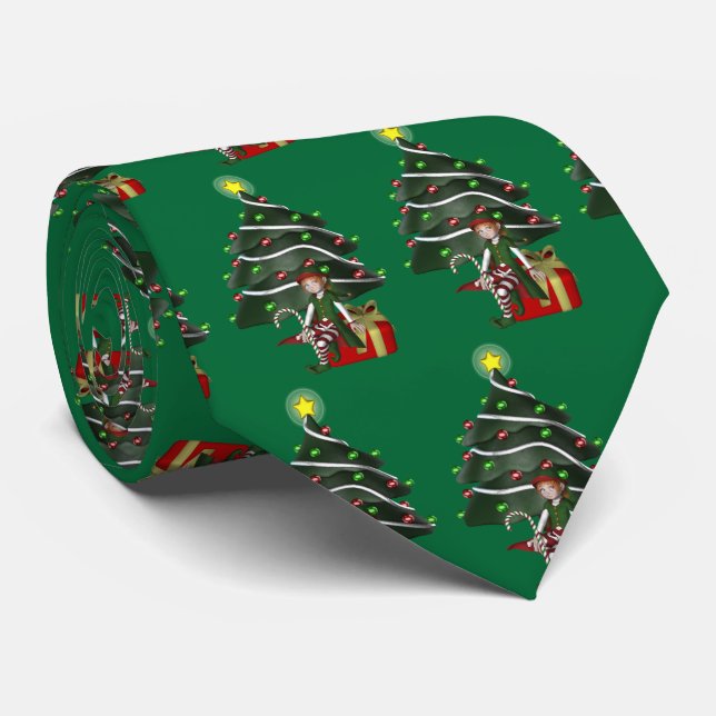 Cute Elf Christmas Tree Holiday Tie (Rolled)