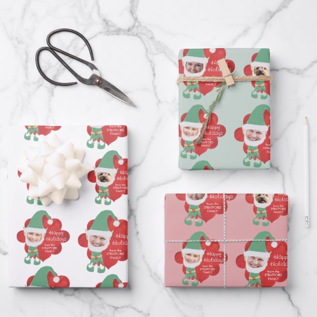 Cute Elf Family 4 Photo Personalized Greeting Wrapping Paper Sheet (Front)