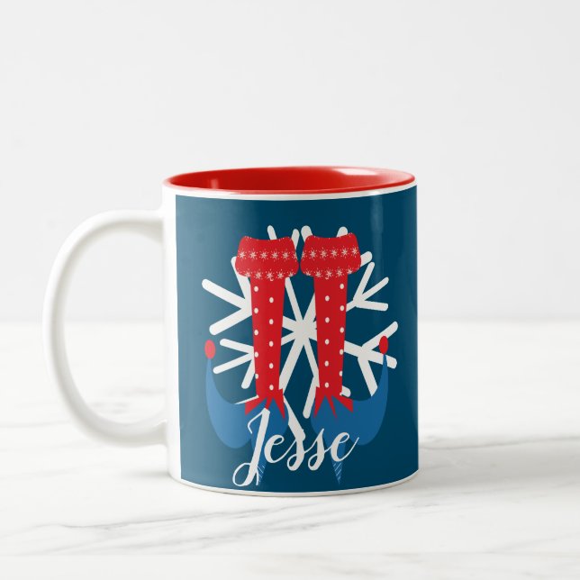 Cute Elf Feet Heel Snowflake Custom Name Christmas Two-Tone Coffee Mug (Left)
