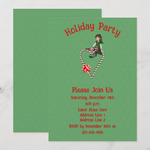 Cute Elf On Candy Cane Heart Christmas Holiday  Invitation