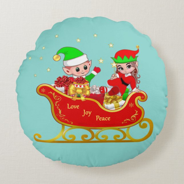 Cute Elf on Christmas Sleigh on Teal Round Pillow (Front)