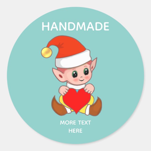 Cute Elf on Light Teal and Handmade Text Classic Round Sticker (Front)