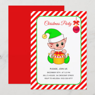 Cute Elf on Red & White Christmas Invitation