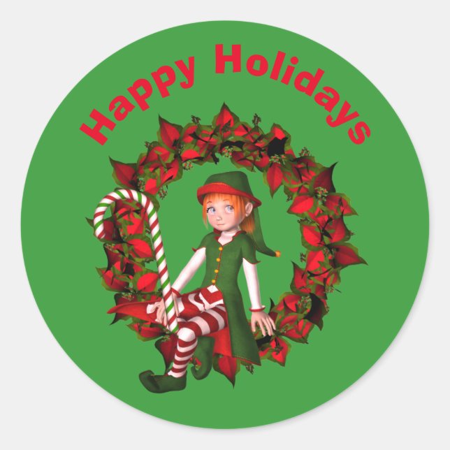 Cute Elf On Wreath Christmas Holiday  Classic Round Sticker (Front)