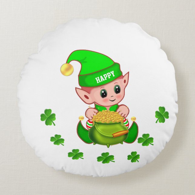 Cute elf, pot of gold & lucky shamrocks on white round pillow (Front)