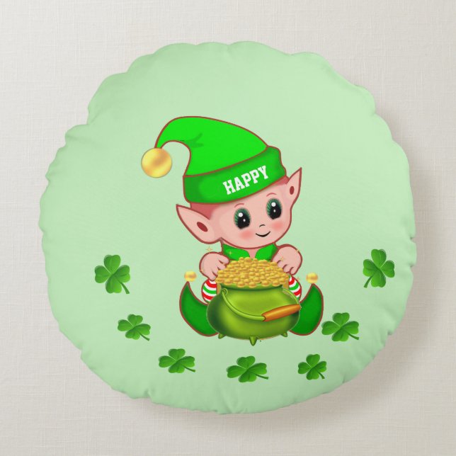 Cute elf, pot of gold & shamrocks on light green round pillow (Front)