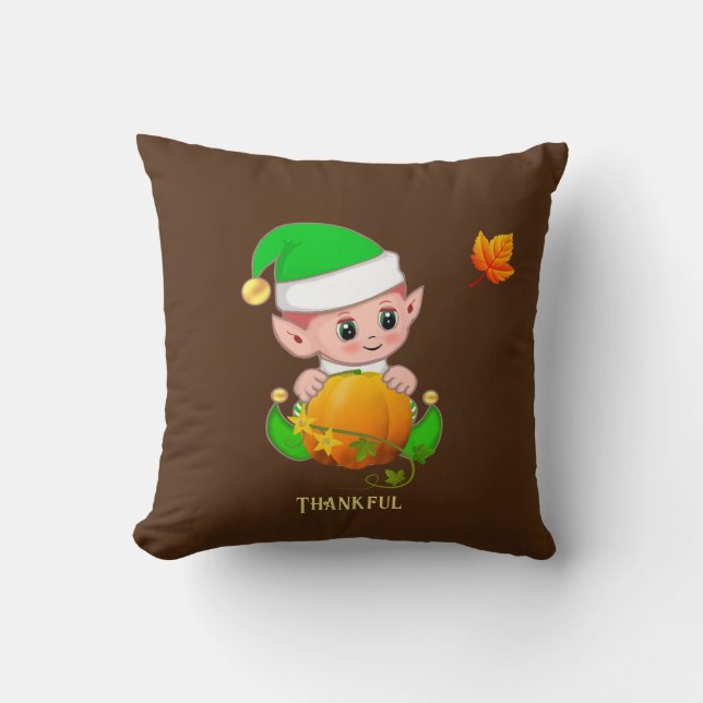Cute Elf & Pumpkin on Brown Throw Pillow (Front)