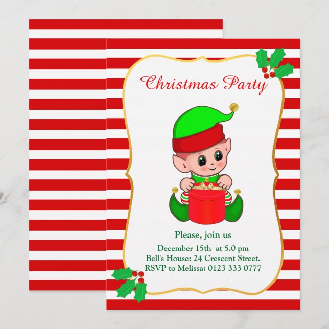 Cute Elf & Red White Christmas Party Invitation (Front/Back)