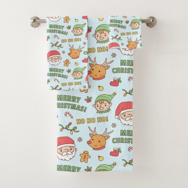 Cute Elf, Reindeer, Santa, Merry Christmas Pattern Bath Towel Set (Insitu)
