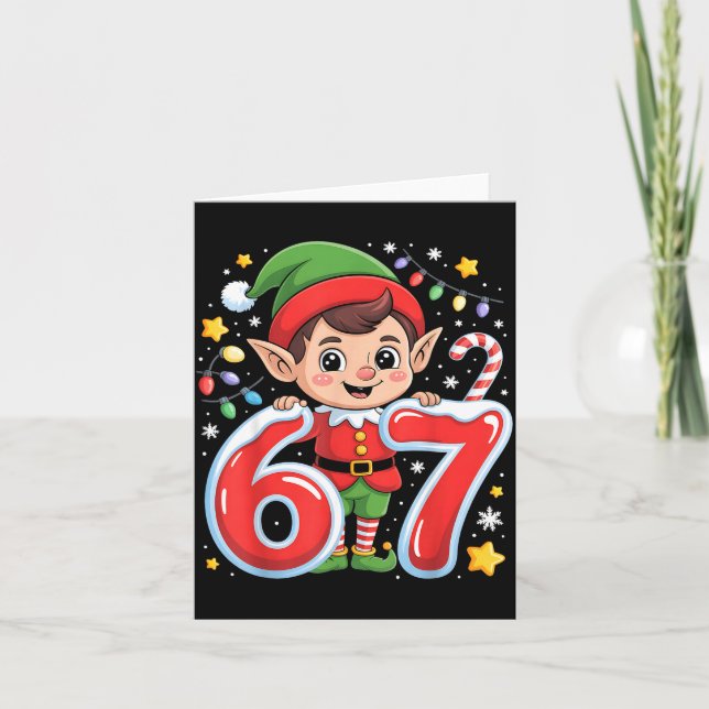 Cute Elf Six Seven 6 7 Meme Funny Christmas Costum Card (Front)