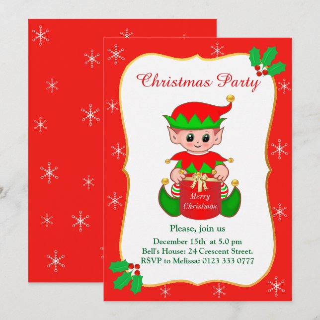Cute Elf & Snowflakes Christmas Party Invitation (Front/Back)
