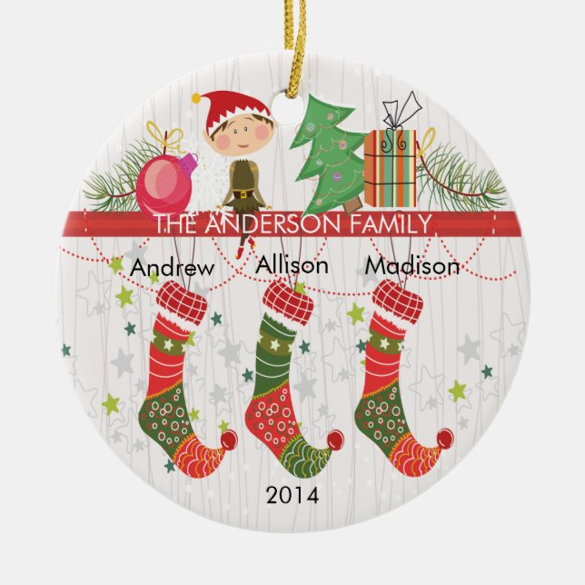 Cute Elf Stockings Family of 3 Christmas Ornament (Front)