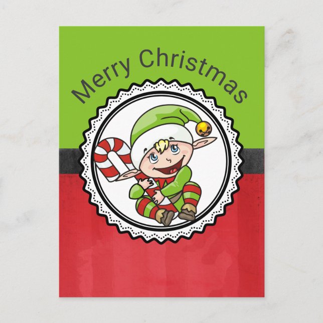 Cute Elf with Christmas Cane Merry Christmas Holiday Postcard (Front)