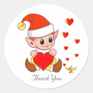 Cute elf with love hearts on white classic round sticker