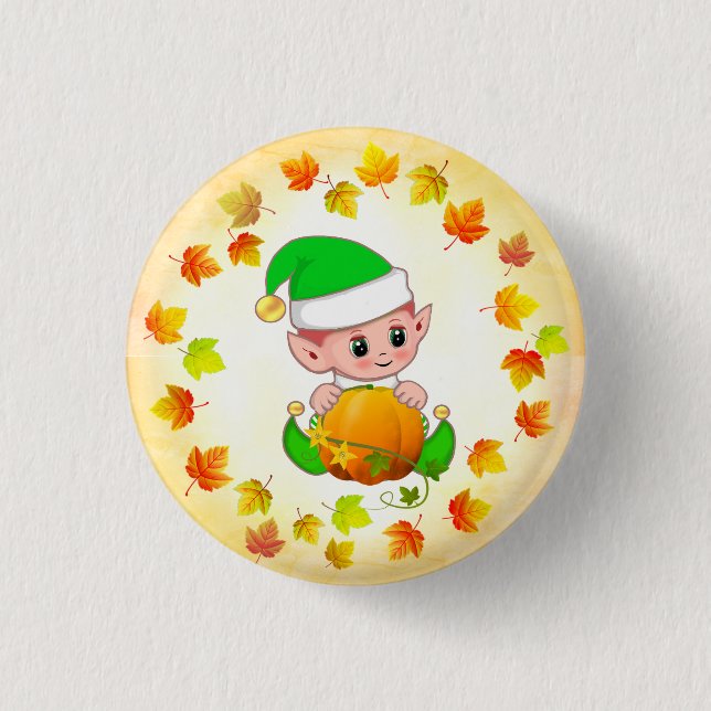 Cute Elf with Pumpkin and Holiday Fall Leaves  1 Inch Round Button (Front)