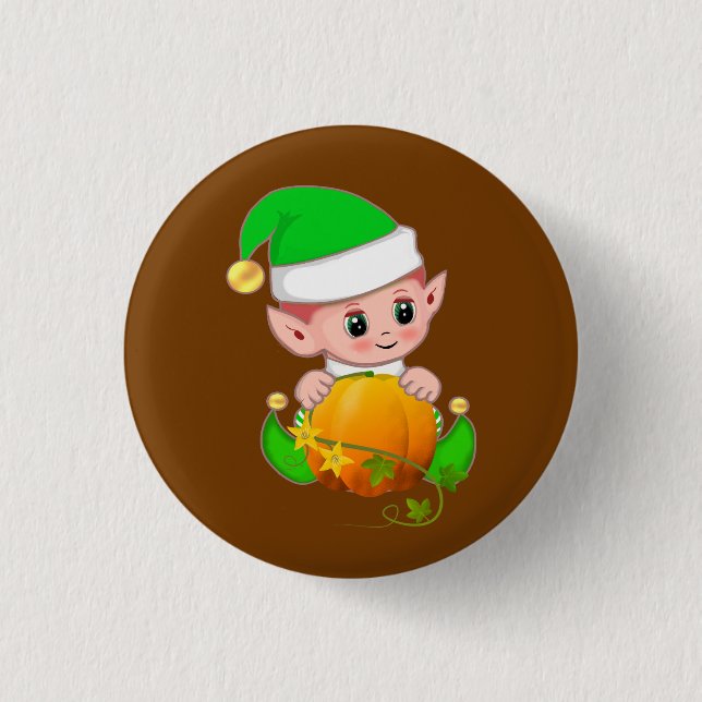 Cute Elf with Pumpkin on Brown 1 Inch Round Button (Front)