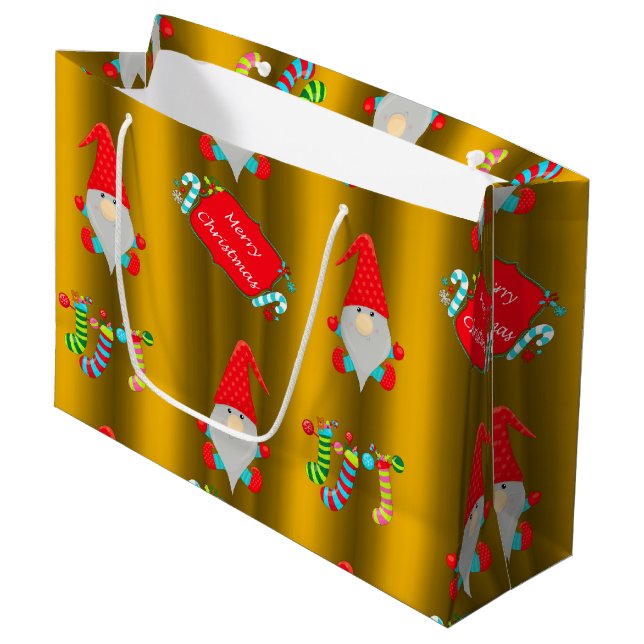 Cute Elves Golden Christmas Large Gift Bag (Front Angled)