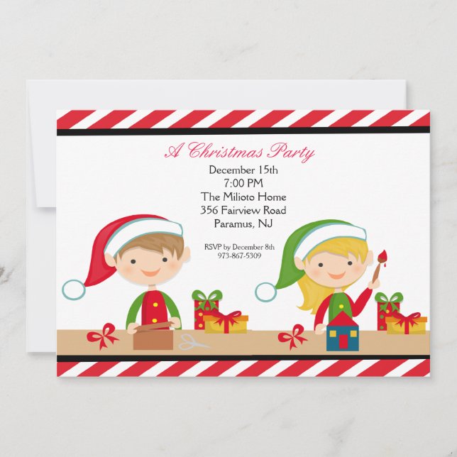 Cute Elves In A Workshop Christmas Party Invite (Front)