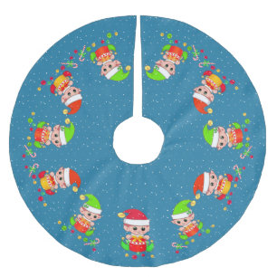 Cute Elves on Sapphire Blue with Snow Accent Brushed Polyester Tree Skirt