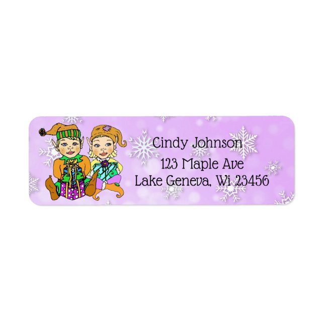 Cute Elves Purple Snowflakes Christmas Card (Front)