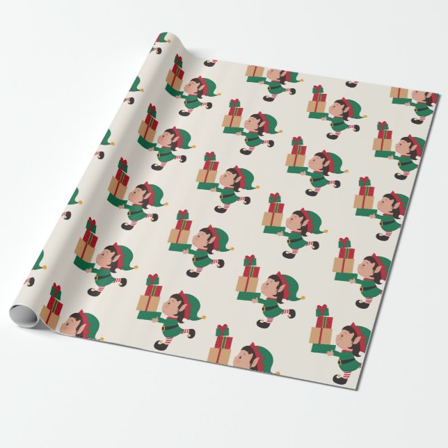 Cute Elves with Christmas Gifts Wrapping Paper (Unrolled)