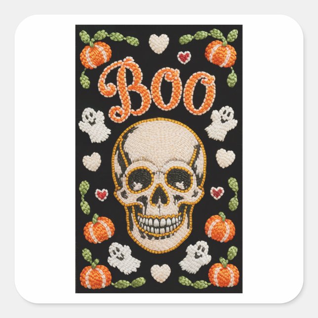 Cute Embroidered Boo Skull Halloween Sticker  (Front)
