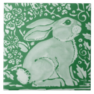 Cute Emerald Green Rabbit Bunny Floral Garden Tile