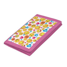 Cute Emoji Print on White Wallet with Pink Trim