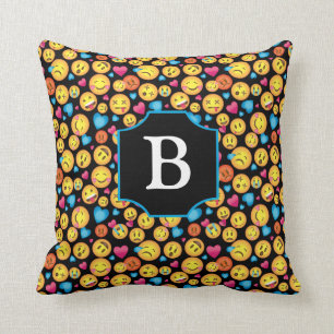 Cute Emoji Print Pillow with Monogram on Black