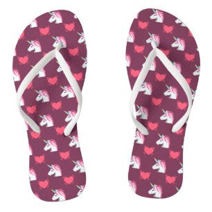 Cute Emoji Unicorn and Hearts Pattern Flip Flops