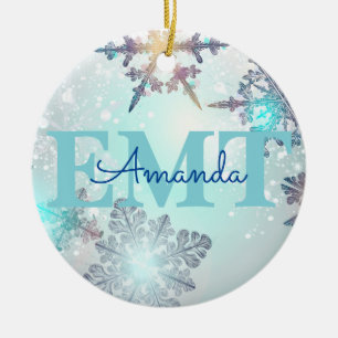 Cute EMT Ice Blue Snowflake Personalized Name  Ceramic Ornament