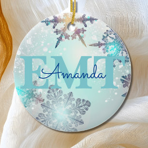 Cute EMT Ice Blue Snowflake Personalized Name Ceramic Ornament