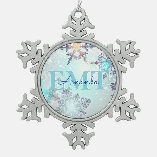 Cute EMT Ice Blue Snowflake Personalized Name  Pewter Christmas Ornament (Front)