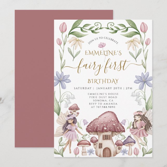 Cute Enchanted Fairy Girl 1st Birthday Party Invitation (Front/Back)
