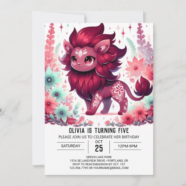 Cute Enchanted Lion Digital Birthday Invitation (Front)