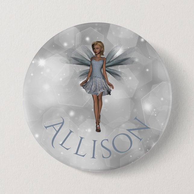 Cute Enchanted Whimsical Fantasy Fairy Silver Name 3 Inch Round Button (Front)