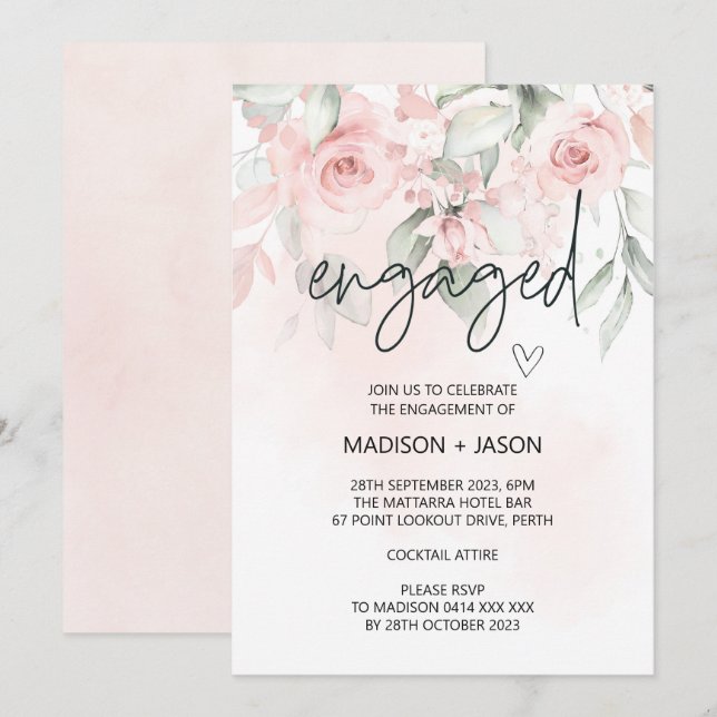 Cute Engaged Engagement Party Blush Pink Floral Invitation (Front/Back)