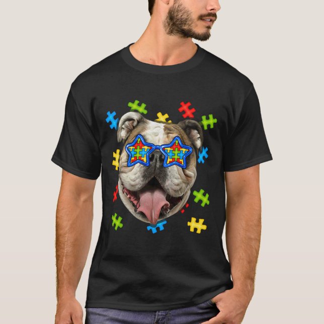 Cute English Bulldog Autism Puzzle Sunglasses Pupp T-Shirt (Front)
