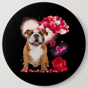 Cute English Bulldog Balloon Heart Valentines Day 6 Inch Round Button