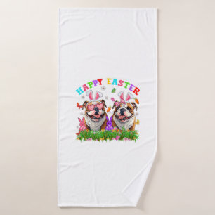 Cute English Bulldog Dog & Bunny Ears Eggs Happy E Bath Towel