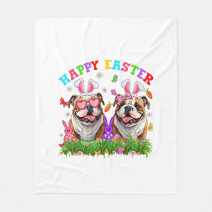 Cute English Bulldog Dog & Bunny Ears Eggs Happy E Fleece Blanket