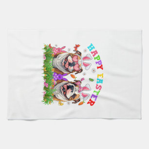Cute English Bulldog Dog & Bunny Ears Eggs Happy E Kitchen Towel