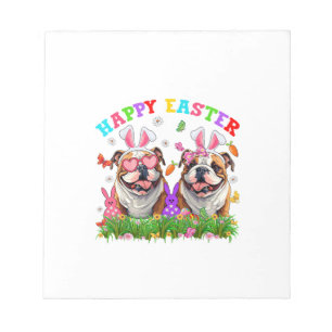 Cute English Bulldog Dog & Bunny Ears Eggs Happy E Notepad