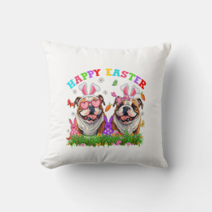 Cute English Bulldog Dog & Bunny Ears Eggs Happy E Throw Pillow