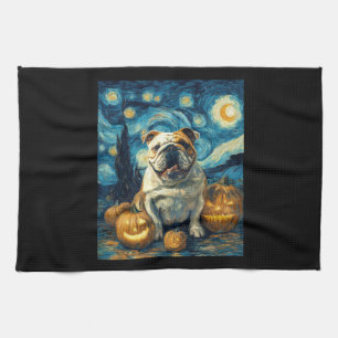 Cute English Bulldog Dog Halloween Jack O Lantern  Kitchen Towel