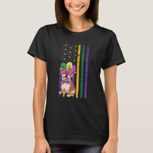 Cute English Bulldog Mardi Gras American Flag Dog T-Shirt