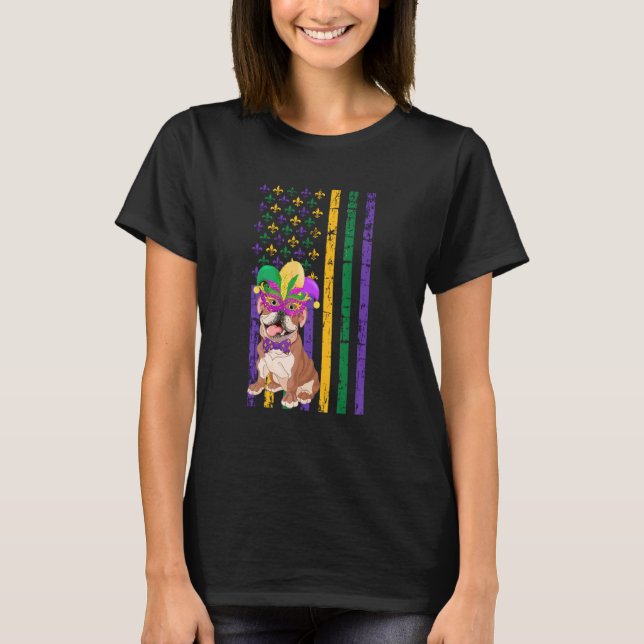Cute English Bulldog Mardi Gras American Flag Dog T-Shirt (Front)