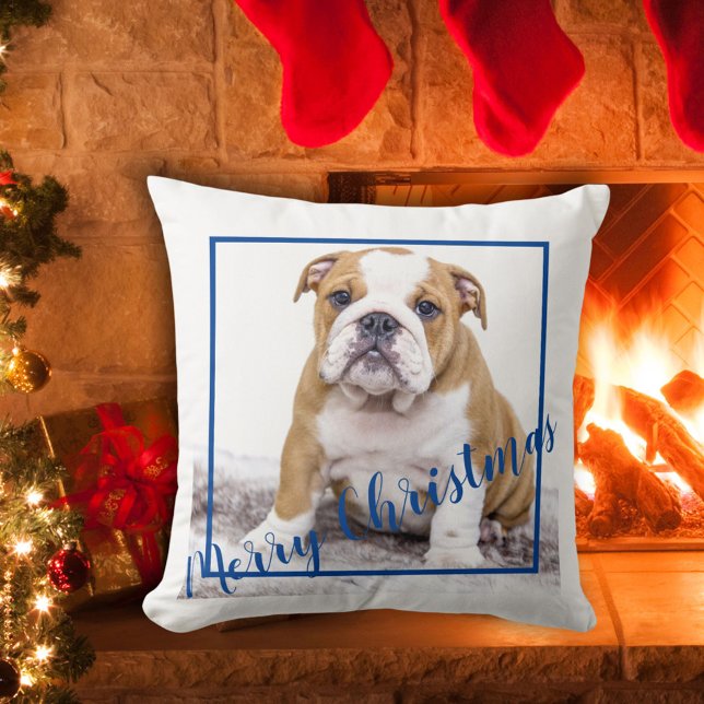 Cute English Bulldog Merry Christmas Holiday Photo Throw Pillow (Creator Uploaded)