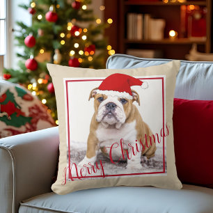 Cute English Bulldog Merry Christmas Photo Throw Pillow