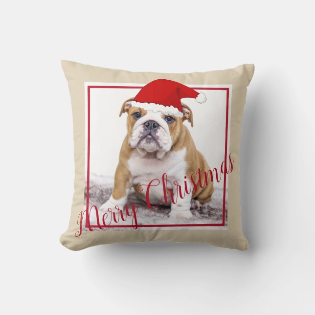 Cute English Bulldog Merry Christmas Photo Throw Pillow (Front)